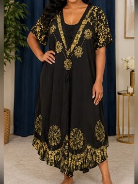 Black Maxi Dress with Gold Floral Embroidery